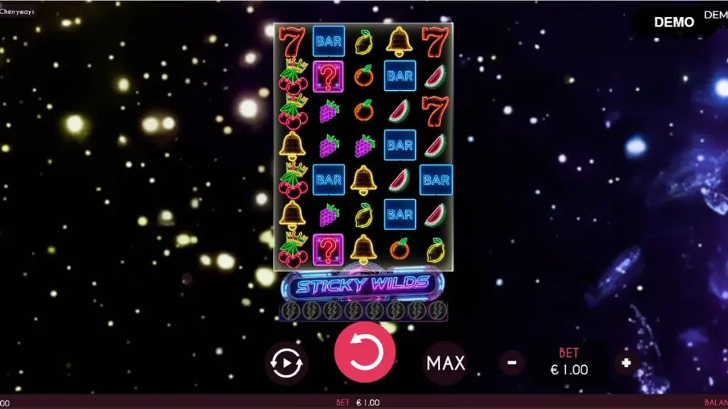 Tampilan visual slot Turbo Fortune Cherryways dengan tema neon futuristik.