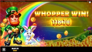 Tampilan visual slot Harrigan & Hare Rainbow Bonanza Power Combo dengan tema Irlandia yang ceria.