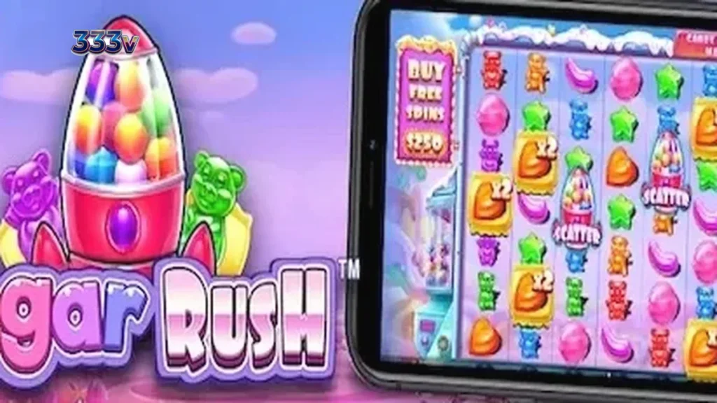 Tampilan antarmuka slot Sugar Rush yang penuh warna dengan simbol permen di grid 7x7.
